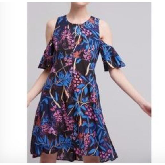 Anthropologie Maeve Womens Elia Dress Open Shoulder Floral Print Blue Pink 6 - Picture 3 of 15